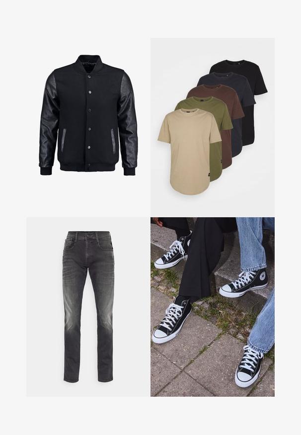 Musta pommittaja takki, jossa villakangasrunko ja nahkahihat. Varustettu pystykovalla, etupainonapeilla ja sivutaskuilla. Yksivärinen, ilman kuvioita.; Viisi t-paitaa järjestettynä gradienttiväreissä: beige, oliivi, ruskea, tummansininen ja musta. Valmistettu pehmeästä puuvillasta, lyhyillä hihoilla ja pyöreällä kauluksella.; Harmaat slim-fit farkut, joissa on kuluneet yksityiskohdat, viisi taskua, vyölenkit ja nappikiinnitys. Valmistettu sileästä denimistä.; Mustat korkeat kangaslenkkarit, joissa on valkoiset kumipohjat ja nauhat, sivussa on pyöreä logo, ja ne on yhdistetty farkkuihin ja mustiin housuihin.