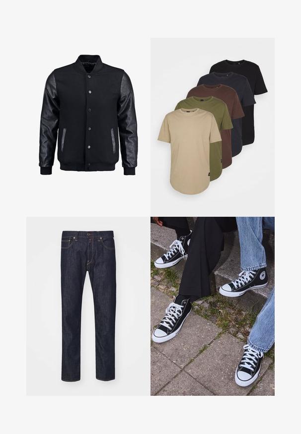 Mustmust on musta jope, millel on villane keha ja nahkvarrukad. Omab seisvat kraed, esisiidme nööpe ja küljetaskuid. Ühtlane värv, ilma mustriteta.; Viis t-särki, mis on paigutatud gradatsioonivärvides: beež, oliiviroheline, pruun, tume sinine ja must. Valmistatud pehmest puuvillast, lühikeste varrukatega ja ümarate kaelustega.; Tumedat sinised teksad sirge lõikega, millel on oranž õmblus, ees pockets ja nööbiga sulgemine taljes.; Mustad musta värvi kõrged kanvasist tossud valgete kummitaldade ja nööridega, külgedel ringikujuline logo ning kombineeritud denimist ja mustade pükstega.