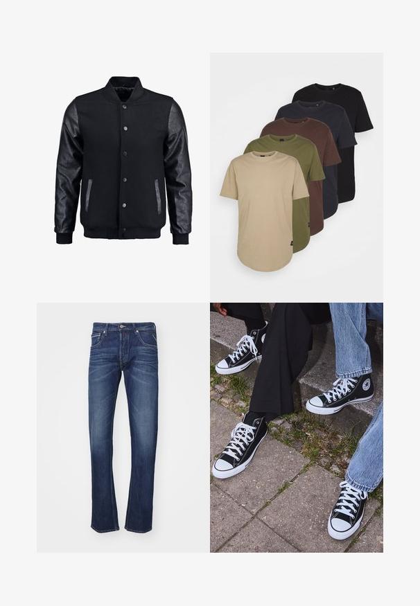 Czarna kurtka bombowca z wełnianym korpusem i skórzanymi rękawami. Posiada stójkę, zapięcie na napy z przodu i boczne kieszenie. Jednolity kolor, bez wzorów.; Pięć koszulek ułożonych w gradientowych kolorach: beżowym, oliwkowym, brązowym, ciemnoniebieskim i czarnym. Wykonane z miękkiej bawełny, mają krótkie rękawy i okrągły dekolt.; Granatowe dżinsy o prostym kroju, z delikatnym przecieraniem, pięcioma kieszeniami i zapięciem na guzik z metalowym akcentem.; Czarne wysokie trampki z kanwy z białymi gumowymi podeszwami i sznurówkami, z okrągłym logo z boku, w zestawie z dżinsami i czarnymi spodniami.