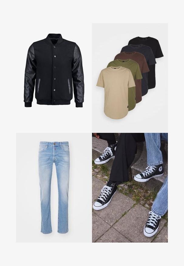 Juodas bomberio tipo švarkas su vilnoniu korpusu ir odinėmis rankovėmis. Savybės: stovintis apykaklė, priekiniai spaudiniai mygtukai ir šoniniai kišenės. Vienodos spalvos, be raštų.; Penki marškiniai su trumpomis rankovėmis ir apykakle, išdėstyti gradientine spalvų seka: smėlinė, alyvinė, ruda, tamsiai mėlyna ir juoda. Pagaminti iš minkštos medvilnės.; Šviesiai mėlyni džinsai, tiesaus kirpimo dizainas, nudeginta tekstūra, priekiniai kišenės, vieno mygtuko užsegimas, raudona siuvimo detalė juosmens srityje.; Juoda aukšta avalynė iš kanvos su baltais guminiais padais ir raišteliais, su apvaliu logotipu šone, derinama su džinsais ir juodomis kelnėmis.