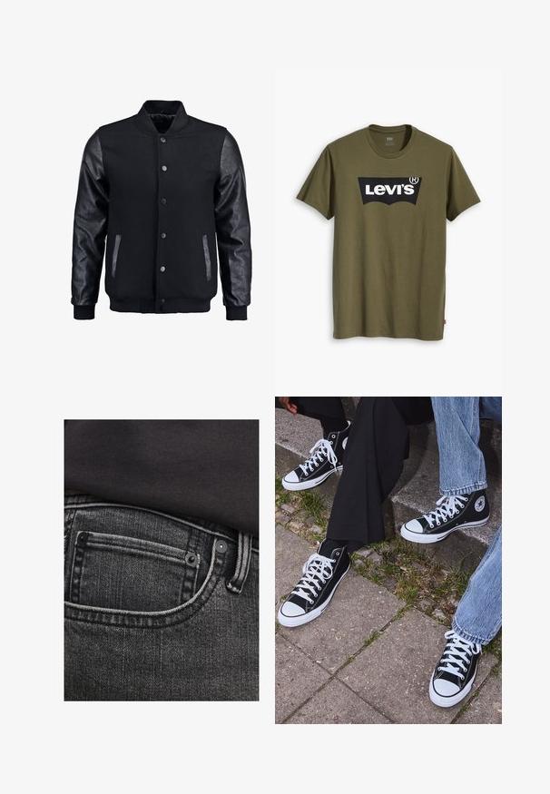 Jachetă bomber neagră cu corp din lână și mâneci din piele. Dispune de un guler în picioare, nasturi pe partea din față și buzunare laterale. Culoare solidă, fără modele.; Tricou din bumbac verde măsliniu, cu un logo mare Levi's negru într-o formă semi-arcuată contrastantă pe piept. Croială regulară.; Jeans din denim gri închis, dotate cu un buzunar superior, cusături contrastante și răsuciri metalice. Textura pare ușor uzată, cu linii verticale.; Sneakers negre din pânză până la glezne cu tălpi și șireturi albe, având un logo circular pe lateral și purtate cu blugi și pantaloni negri.