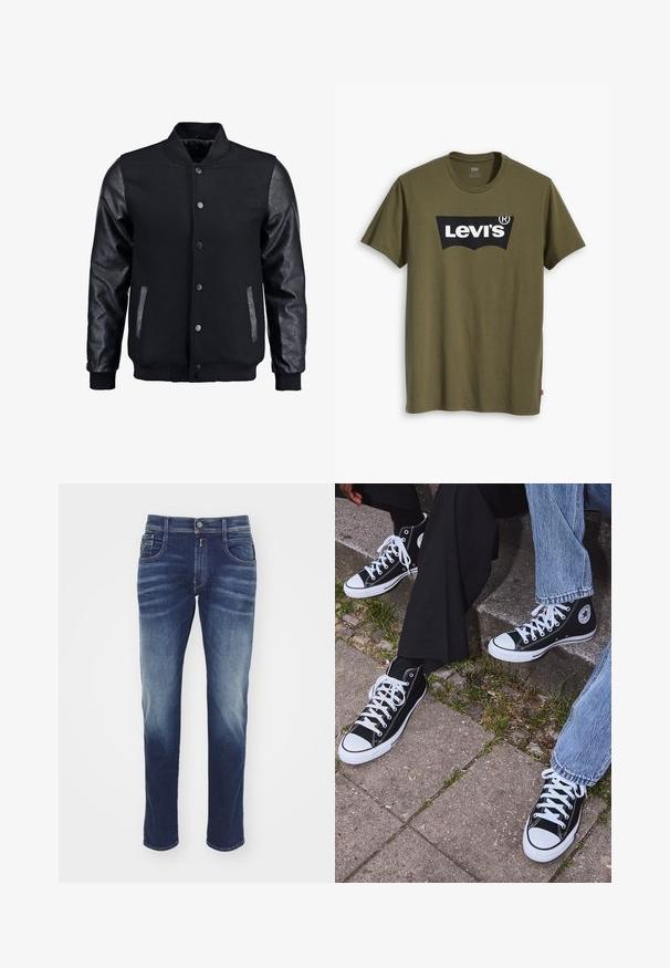 Crna bomber jakna s vunenim tijelom i kožnim rukavima. Ima stojeći ovratnik, prednje dugmadi na snap i bočne džepove. Jednobojna bez uzoraka.; Maslinasto zelena pamučna majica kratkih rukava s velikim crnim Levi's logotipom u kontrastnom polukružnom obliku preko prsa. Regularni kroj.; Tamno plave traperice s ravnim nogavicama, blagim izbljeđivanjem, pet džepova, zakopčavanjem na dugme i strojnim šavovima duž šavova.; Crne visoke platnene tenisice s bijelim gumama i vezicama, sa kružnim logom sa strane, u kombinaciji s trapericama i crnim hlačama.