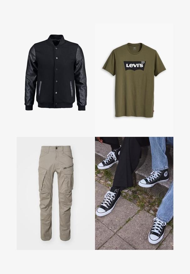 Schwarze Bomberjacke mit Wollkörper und Lederärmeln. Verfügt über einen Stehkragen, vordere Druckknöpfe und Seitentaschen. Einfarbig ohne Muster.; Levi's® HOUSEMARK GRAPHIC TEE - T-Shirt print - tech olive night; Hellgraue Cargo-Hosen aus strapazierfähigem Material. Verfügt über mehrere Taschen, eine seitliche Reißverschlusstasche und verstärkte Kniebereiche. Normale Passform.; Schwarzecanvas-Sneaker mit hohem Schaft, weißen Gummisohlen und Schnürsenkeln, die ein rundes Logo an der Seite besitzen und mit Denim- sowie schwarzen Hosen kombiniert sind.