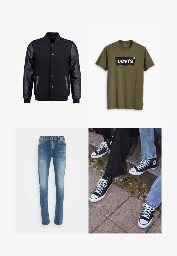 Svart bomberjakke med ullkropp og lærærmer. Har stående krage, fronttrykkknapper og sidelommer. Enfarget uten mønstre.; Olivengrønn bomulls-t-skjorte med en stor svart Levi's-logo i en kontrasterende, halvbuet form over brystet. Normal passform.; LTB LTB Smarty Timo Wash Jeans Skinny Fit - Jeans Skinny Fit - dark-blue denim; Sorte høyre sneakers i kanvas med hvite gummisåler og snøringer, med et rundt logo på siden og kombinert med denim og sorte bukser.