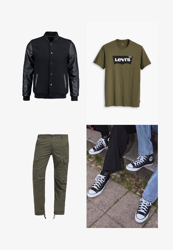 Schwarze Bomberjacke mit Wollkörper und Lederärmeln. Verfügt über einen Stehkragen, vordere Druckknöpfe und Seitentaschen. Einfarbig ohne Muster.; Olivgrünes Baumwoll-T-Shirt mit großem schwarzem Levi's-Logo in einer kontrastierenden, halbkreisförmigen Form über der Brust. Normale Passform.; Olivgrüne Cargo-Hose mit lockerer Passform, aus strapazierfähigem Stoff gefertigt. Verfügt über mehrere Taschen und verstellbare Bündchen. Klassisches Fünf-Taschen-Design.; Schwarzecanvas-Sneaker mit hohem Schaft, weißen Gummisohlen und Schnürsenkeln, die ein rundes Logo an der Seite besitzen und mit Denim- sowie schwarzen Hosen kombiniert sind.
