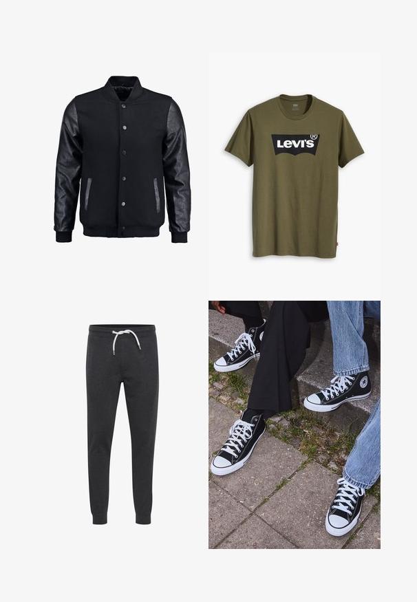 Chaqueta bomber negra con cuerpo de lana y mangas de cuero. Cuenta con un cuello alzado, botones de presión en el frente y bolsillos laterales. Color sólido sin patrones.; Camiseta de algodón verde oliva con un gran logotipo negro de Levi's en una forma semicircular contrastante en el pecho. Corte regular.; Pantalones de chándal gris oscuro hechos de una tela suave, con un cordón blanco, tobillos ajustados y un diseño simple sin bolsillos.; Zapatillas de lona negras de caña alta con suelas y cordones de goma blanca, con un logo circular en el lado, combinadas con unos pantalones de mezclilla y negros.