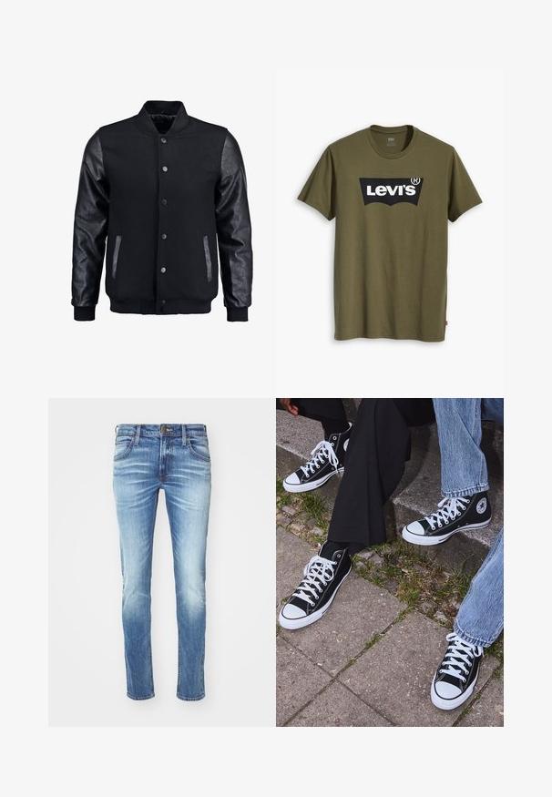 Musta pommittaja takki, jossa villakangasrunko ja nahkahihat. Varustettu pystykovalla, etupainonapeilla ja sivutaskuilla. Yksivärinen, ilman kuvioita.; Oliivinvihreä puuvillainen t-paita, jossa suuri musta Levi's-logo kontrastivärisenä puolikaarena rinnalla. Normaali istuvuus.; Vaaleansiniset farkut, joissa on haalistunut kuvio, suorat lahkeet, viisi taskua, metallinappikiinnitys ja kontrastivärinen ommel.; Mustat korkeat kangaslenkkarit, joissa on valkoiset kumipohjat ja nauhat, sivussa on pyöreä logo, ja ne on yhdistetty farkkuihin ja mustiin housuihin.
