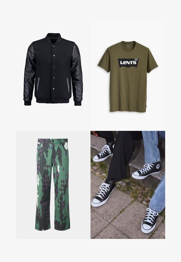 Crna bomber jakna s vunenim tijelom i kožnim rukavima. Ima stojeći ovratnik, prednje dugmadi na snap i bočne džepove. Jednobojna bez uzoraka.; Maslinasto zelena pamučna majica kratkih rukava s velikim crnim Levi's logotipom u kontrastnom polukružnom obliku preko prsa. Regularni kroj.; Široke traperice od pamuka sa geometrijskim dijamantnim uzorkom u zelenoj, crnoj i ljubičastoj boji, sa zatvaranjem na dugme i petljama za remen.; Crne visoke platnene tenisice s bijelim gumama i vezicama, sa kružnim logom sa strane, u kombinaciji s trapericama i crnim hlačama.