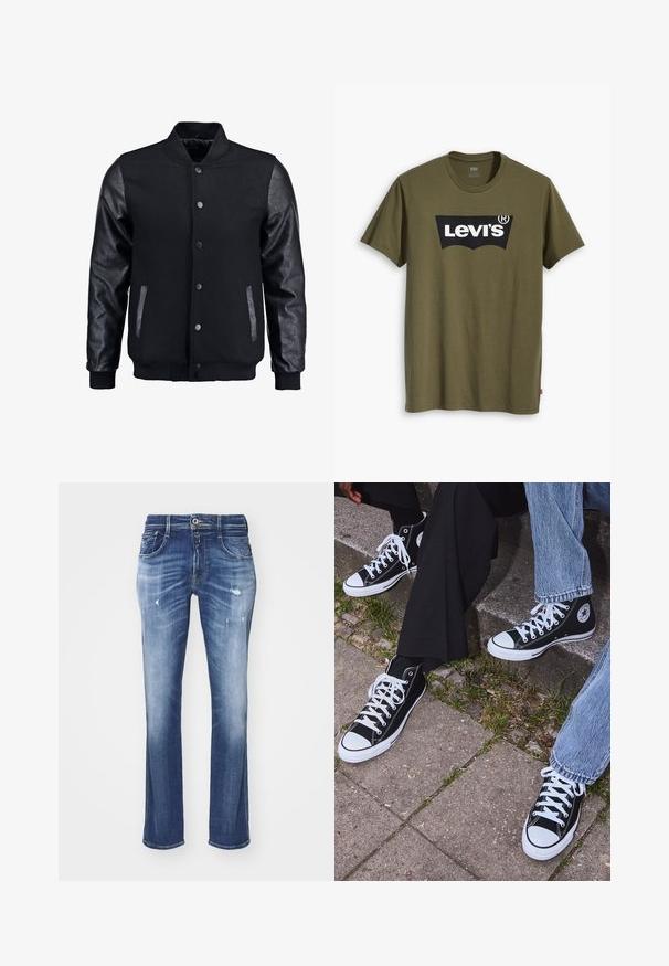 Svart bomberjacka med ullkropp och lädersleeves. Har en stående krage, framknappar med tryckknappar och sidofickor. Enfärgad utan mönster.; Olivgrön bomullst-shirt med en stor svart Levi's-logotyp i en kontrasterande halvbåge över bröstet. Normal passform.; Jeans i medelblå denim med en blekt design. Funktioner inkluderar raka ben, slitna detaljer, fem fickor och en knappstängning fram.; Svarta högtopps kanvasskor med vita gummisulor och snören, med en cirkulär logotyp på sidan och kombinerade med jeans och svarta byxor.