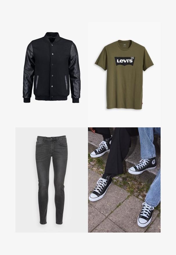 Fekete bomber dzseki gyapjú testtel és bőr ujjal. Jellemzője a felálló gallér, elöl gombos záródás, valamint oldalsó zsebek. Egyszínű, mintázat nélkül.; Olívazöld pamutpóló, melyen egy nagy fekete Levi's logó látható, kontrasztos, félköríves formában a mellkas közepén. Normál szabású.; Karcsúsított fekete farmernadrág, sima textúrával, klasszikus öt zsebes dizájnnal és diszkrét kopással az elején.; Fekete magas szárú vászon sportcipők fehér gumi talppal és fűzőkkel, az oldalukon kör alakú logóval, farmernadrággal és fekete nadrággal párosítva.