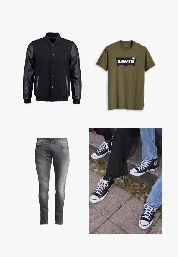 Mustmust on musta jope, millel on villane keha ja nahkvarrukad. Omab seisvat kraed, esisiidme nööpe ja küljetaskuid. Ühtlane värv, ilma mustriteta.; Õliva rohelise puuvillase T-särgiga, millel on suur must Levi'si logo kollase poolkaarekujulisena üle rinna. Regulaarne lõige.; Hallid hall denimmaterjalist kitsad teksad, millel on tuhm viimistlus, peened kulumised, klassikaline viie taskuga disain ja metallist nööbiga kinnitamine.; Mustad musta värvi kõrged kanvasist tossud valgete kummitaldade ja nööridega, külgedel ringikujuline logo ning kombineeritud denimist ja mustade pükstega.