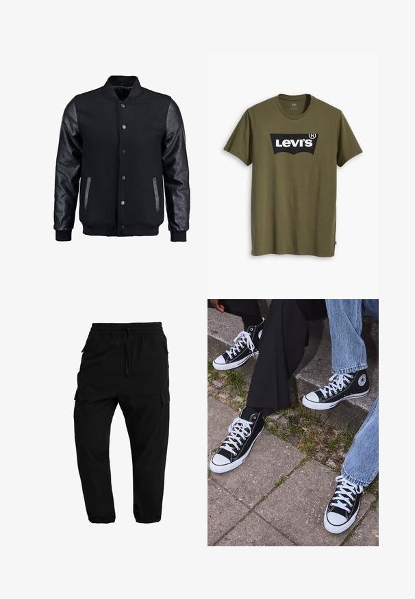 Sort bomberjakke med uldkrop og læderærmer. Har en stående krave, frontknapper og sidelommer. Ensfarvet uden mønstre.; Olivengrøn bomuld T-shirt med stort sort Levi's-logo i en kontrasterende, halvcirkelformet bue hen over brystet. Almindelig pasform.; Sorte cargo bukser med elastisk talje, snøre lukning og sidelommer. Taperede ben med elastiske manchetter og en glat overflade.; Sorte høje canvas sneakers med hvide gummisåler og snørebånd, prydet med et cirkulært logo på siden og parret med denim og sorte bukser.