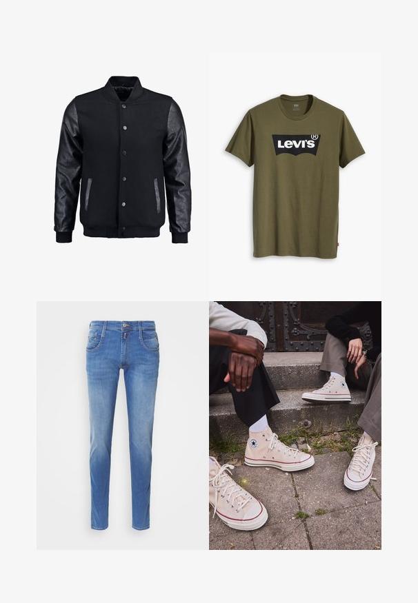 Chaqueta bomber negra con cuerpo de lana y mangas de cuero. Cuenta con un cuello alzado, botones de presión en el frente y bolsillos laterales. Color sólido sin patrones.; Camiseta de algodón verde oliva con un gran logotipo negro de Levi's en una forma semicircular contrastante en el pecho. Corte regular.; Jeans de denim azul con corte slim. Presenta cinco bolsillos, cierre de botón en la parte delantera y un ligero desgastado en las piernas. Corte recto.; Zapatillas de lona beige de caña alta con franja roja, suela de goma blanca y ojales de metal, con el icónico logo de estrella en el lateral.