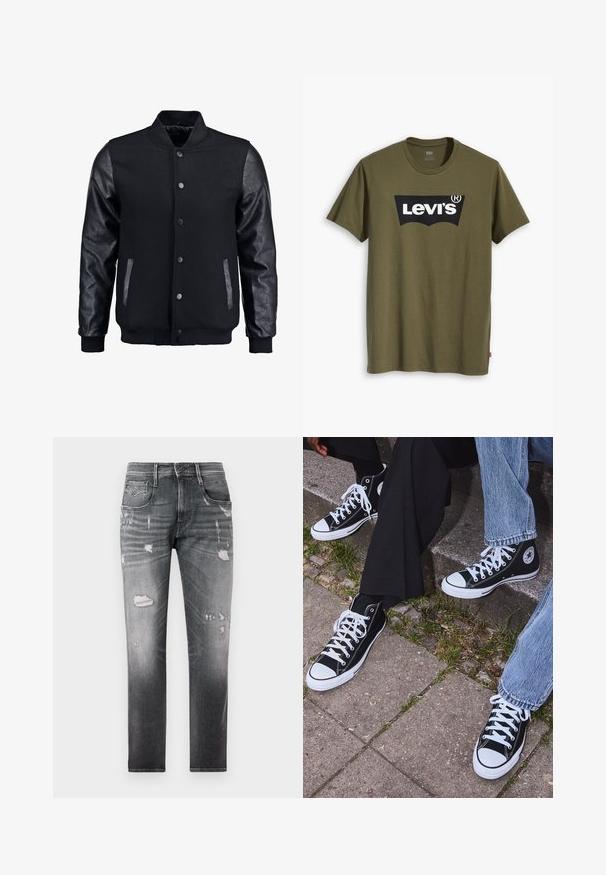 Giubbotto bomber nero con corpo in lana e maniche in pelle. Presenta un colletto alto, bottoni a pressione frontali e tasche laterali. Monocromatico, senza motivi.; T-shirt di cotone verde oliva con un grande logo Levi's nero in una forma semi-arcuata a contrasto sul petto. Vestibilità regolare.; Jeans in denim nero sbiadito con toppe strappate. Caratterizzati da cinque tasche, chiusura a bottoni e design a gamba dritta.; Sneakers alti neri in tela con suole e lacci bianchi, dotati di un logo circolare di lato e abbinati a pantaloni in denim e neri.