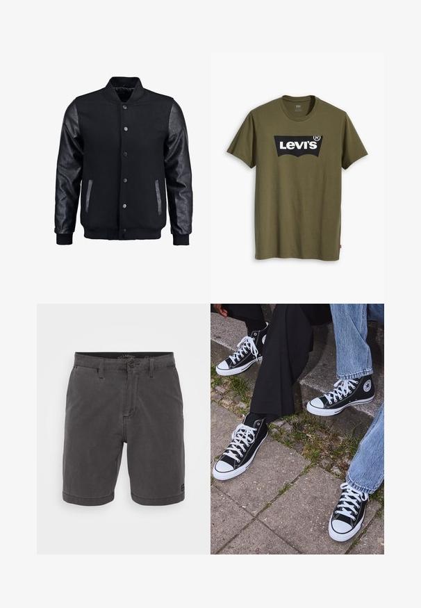 Zwarte bomberjack met een wollen lichaam en leren mouwen. Voorzien van een staande kraag, drukknopen aan de voorkant en zijkanten. Effen kleur zonder patronen.; Olijfgroen katoenen T-shirt met een groot zwart Levi's-logo in een contrasterende semi-gebogen vorm over de borst. Regular fit.; Grijze katoenen shorts met een knoopsluiting, vier zakken en een geweven label op de zoom, met een rechte snit en een gladde textuur.; Zwarte canvas sneakers met hoge schacht, witte rubberen zolen en veters, met een cirkelvormig logo aan de zijkant, gecombineerd met denim en zwarte broeken.