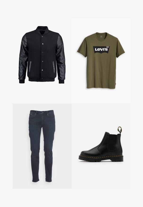 Svart bomberjacka med ullkropp och lädersleeves. Har en stående krage, framknappar med tryckknappar och sidofickor. Enfärgad utan mönster.; Olivgrön bomullst-shirt med en stor svart Levi's-logotyp i en kontrasterande halvbåge över bröstet. Normal passform.; Mörkblå jeans i slim fit-design. Tillverkade av denim, med knapp och blixtlås, fem fickor och diskreta sömdetaljer.; Svarta läder Chelsea-boots med elastiska sidopaneler, gula sömmar och texturerade gummisulor. Har en dragloopp vid hälen.