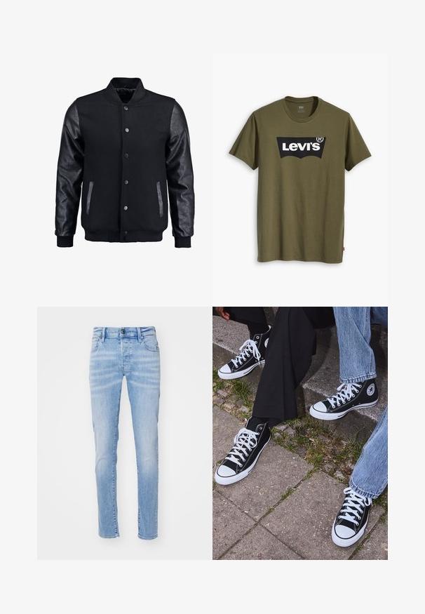 Fekete bomber dzseki gyapjú testtel és bőr ujjal. Jellemzője a felálló gallér, elöl gombos záródás, valamint oldalsó zsebek. Egyszínű, mintázat nélkül.; Olívazöld pamutpóló, melyen egy nagy fekete Levi's logó látható, kontrasztos, félköríves formában a mellkas közepén. Normál szabású.; Világoskék denim farmernadrág, slim fit szabással, öt zsebes kialakítással, övhurkokkal és gombos záródással. Az anyag puha tapintású.; Fekete magas szárú vászon sportcipők fehér gumi talppal és fűzőkkel, az oldalukon kör alakú logóval, farmernadrággal és fekete nadrággal párosítva.