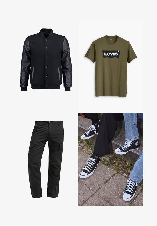 Musta pommittaja takki, jossa villakangasrunko ja nahkahihat. Varustettu pystykovalla, etupainonapeilla ja sivutaskuilla. Yksivärinen, ilman kuvioita.; Oliivinvihreä puuvillainen t-paita, jossa suuri musta Levi's-logo kontrastivärisenä puolikaarena rinnalla. Normaali istuvuus.; Mustat cargo-housut suoralinjaisella leikkauksella, valmistettu kestävästä kankaasta, jossa on useita sivutaskuja ja napituksen sulkeminen vyötäröllä.; Mustat korkeat kangaslenkkarit, joissa on valkoiset kumipohjat ja nauhat, sivussa on pyöreä logo, ja ne on yhdistetty farkkuihin ja mustiin housuihin.