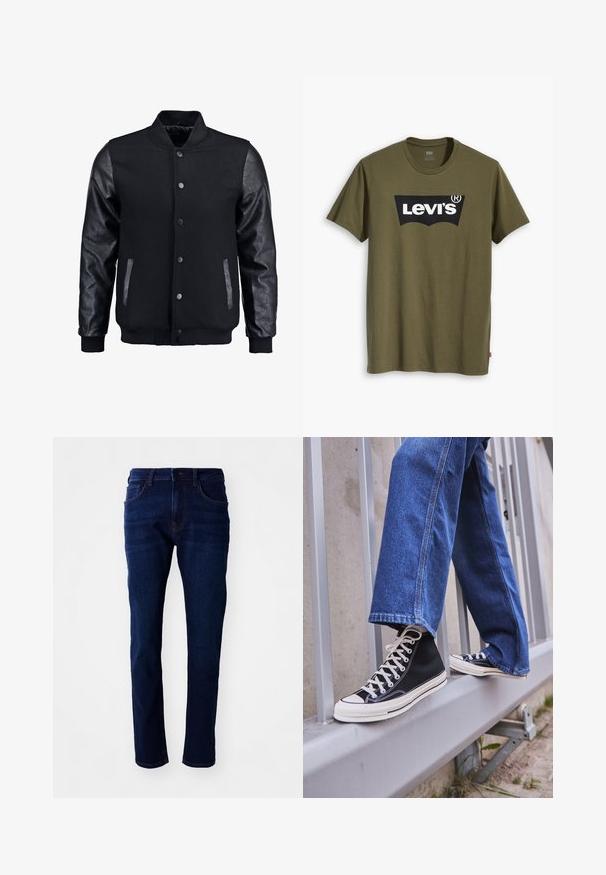 Črna bomberska jakna z volnenim telesom in usnjenimi rokavi. Ima stoječ ovratnik, sprednje snemljive gumbe in stranske žepke. Enobarvna, brez vzorcev.; Olivno zelena bombažna majica s kratkimi rokavi, na prsih pa se nahaja velik črn Levi's logotip v kontrastni polkrožni obliki. Redna prileganost.; Temno modri jeans s ravnim krojem, petimi žepi in klasičnim gumbom za zapiranje. Tkanina ima gladko teksturo z rahlim zbledelostjo.; Črne visoke teniske z belim podplatom in vezalkami, v kombinaciji z ohlapnimi modrimi džinsom, naslonjene na sivo ograjo.
