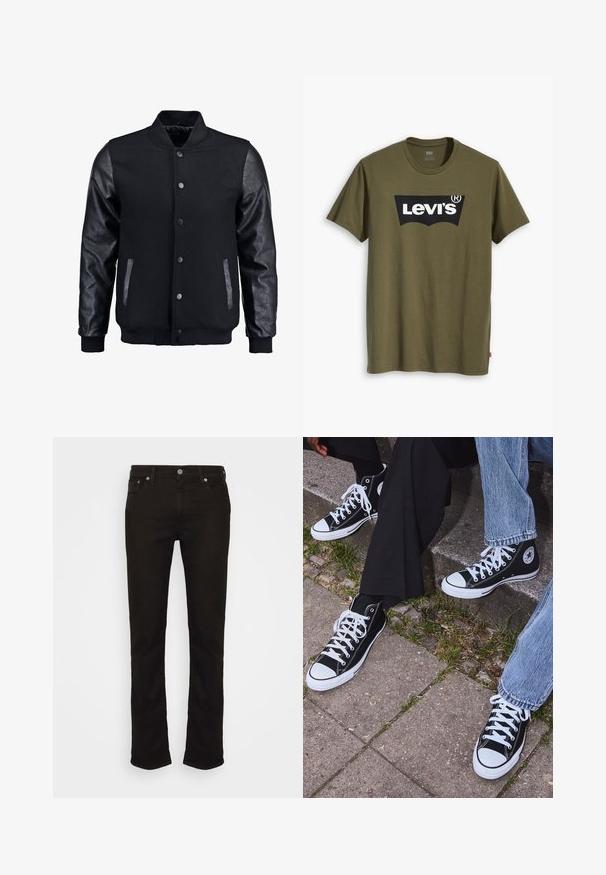 Svart bomberjacka med ullkropp och lädersleeves. Har en stående krage, framknappar med tryckknappar och sidofickor. Enfärgad utan mönster.; Olivgrön bomullst-shirt med en stor svart Levi's-logotyp i en kontrasterande halvbåge över bröstet. Normal passform.; Svarta denimjeans med rak benmodell, som har en klassisk femficksdesign, metallknappstängning och diskreta sömdetaljer.; Svarta högtopps kanvasskor med vita gummisulor och snören, med en cirkulär logotyp på sidan och kombinerade med jeans och svarta byxor.