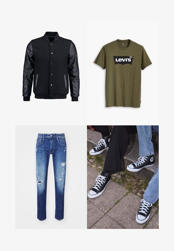 Fekete bomber dzseki gyapjú testtel és bőr ujjal. Jellemzője a felálló gallér, elöl gombos záródás, valamint oldalsó zsebek. Egyszínű, mintázat nélkül.; Olívazöld pamutpóló, melyen egy nagy fekete Levi's logó látható, kontrasztos, félköríves formában a mellkas közepén. Normál szabású.; Sötétkék farmernadrág, kiborgott részletekkel, öt zsebes kialakítással és finom kopásokkal. Egyenes szárú, letisztult szegéssel.; Fekete magas szárú vászon sportcipők fehér gumi talppal és fűzőkkel, az oldalukon kör alakú logóval, farmernadrággal és fekete nadrággal párosítva.