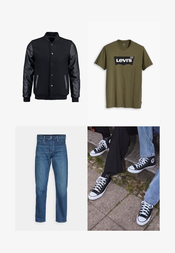 Musta pommittaja takki, jossa villakangasrunko ja nahkahihat. Varustettu pystykovalla, etupainonapeilla ja sivutaskuilla. Yksivärinen, ilman kuvioita.; Oliivinvihreä puuvillainen t-paita, jossa suuri musta Levi's-logo kontrastivärisenä puolikaarena rinnalla. Normaali istuvuus.; Siniset farkut suoran lahkeiden leikkauksella, jossa on viisi taskua, etunapit ja pieni haalistuminen tekstuurin vuoksi.; Mustat korkeat kangaslenkkarit, joissa on valkoiset kumipohjat ja nauhat, sivussa on pyöreä logo, ja ne on yhdistetty farkkuihin ja mustiin housuihin.