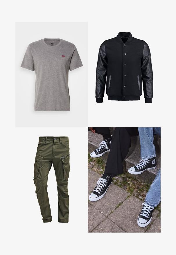 Sort bomberjakke med uldkrop og læderærmer. Har en stående krave, frontknapper og sidelommer. Ensfarvet uden mønstre.; Grå kortærmet t-shirt lavet af en bomuldsblanding. Har en rund halsudskæring og et lille rødt Levi's-logo på venstre bryst. Blød tekstur.; Olivenfarvede cargo-bukser lavet af slidstærk bomuld. Har flere lommer, en lynlåslomme på siden og tapered ben med en let tekstureret overflade.; Sorte høje canvas sneakers med hvide gummisåler og snørebånd, prydet med et cirkulært logo på siden og parret med denim og sorte bukser.