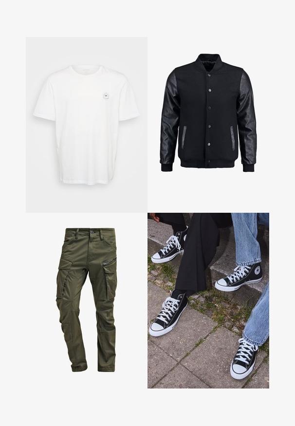 Mustmust on musta jope, millel on villane keha ja nahkvarrukad. Omab seisvat kraed, esisiidme nööpe ja küljetaskuid. Ühtlane värv, ilma mustriteta.; Valge puuvillane t-särk, millel on ümmargune kaelus ja lühikesed varrukad. Silmapaistev graafiline kujundus, kus on kujutatud silma kiirtega vasakul rinnal.; Olive rohelised cargo püksid, mis on valmistatud vastupidavast puuvillast. Omavad mitmeid taskuid, ühe lukuga küljetasku ja kergelt tekstureeritud kitsenevaid jalgu.; Mustad musta värvi kõrged kanvasist tossud valgete kummitaldade ja nööridega, külgedel ringikujuline logo ning kombineeritud denimist ja mustade pükstega.