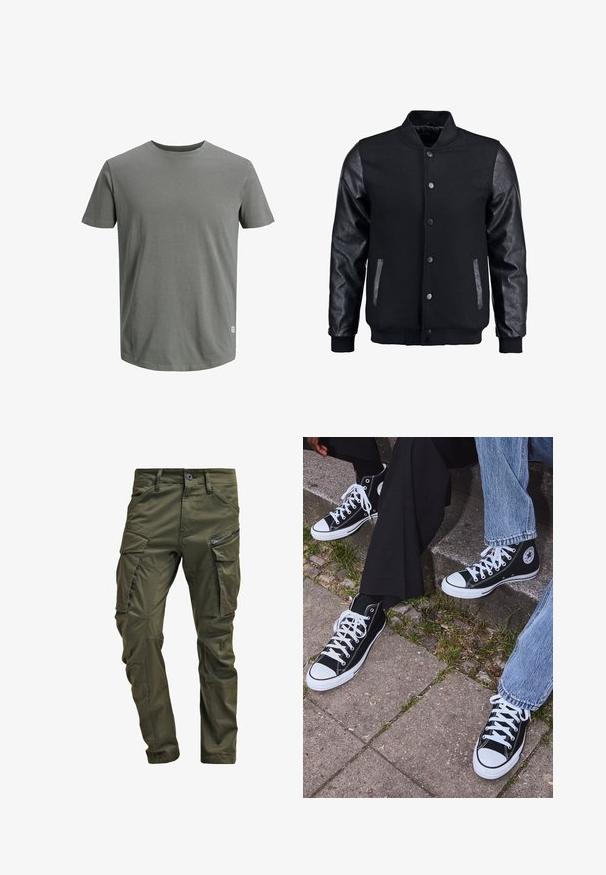 Zwarte bomberjack met een wollen lichaam en leren mouwen. Voorzien van een staande kraag, drukknopen aan de voorkant en zijkanten. Effen kleur zonder patronen.; Jack & Jones JJENOA TEE CREW NECK - T-shirt basic - sedona sage; Olijfgroene cargobroek gemaakt van stevig katoen. Beschikt over meerdere zakken, een met rits afgesloten zijzak en taps toelopende pijpen met een licht getextureerde afwerking.; Zwarte canvas sneakers met hoge schacht, witte rubberen zolen en veters, met een cirkelvormig logo aan de zijkant, gecombineerd met denim en zwarte broeken.