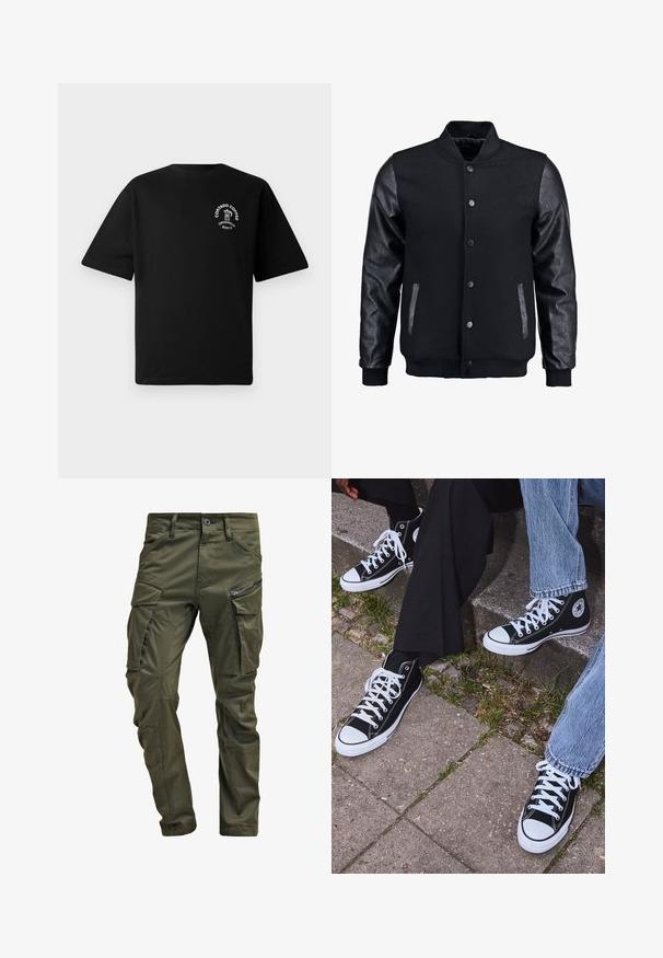 Melns bomber jakas ar vilnas korpusu un ādas piedurknēm. Iespējas ar stāvošu apkakli, priekšējiem pogām un sānu kabatām. Vienkrāsains, bez rakstiem.; Melns īsām piedurknēm T-krekli ar mazu balto logotipu uz krūtīm, kas attēlo kafijas kanna un tekstu "Cortado Coffee Original 2013".; Olīvu zaļi kravas bikses, izgatavotas no izturīgas kokvilnas. Iespēj multiple kabatas, ar rāvējslēdzēju sānu kabatu un sašaurinātiem kāju galiem ar nedaudz teksturētu apdari.; Melni augstie kanvas sporta apavi ar baltām gumijas zolemi un šņorēm, ar apļa logotipu sānos, kombinēti ar džinsu un melnām biksēm.