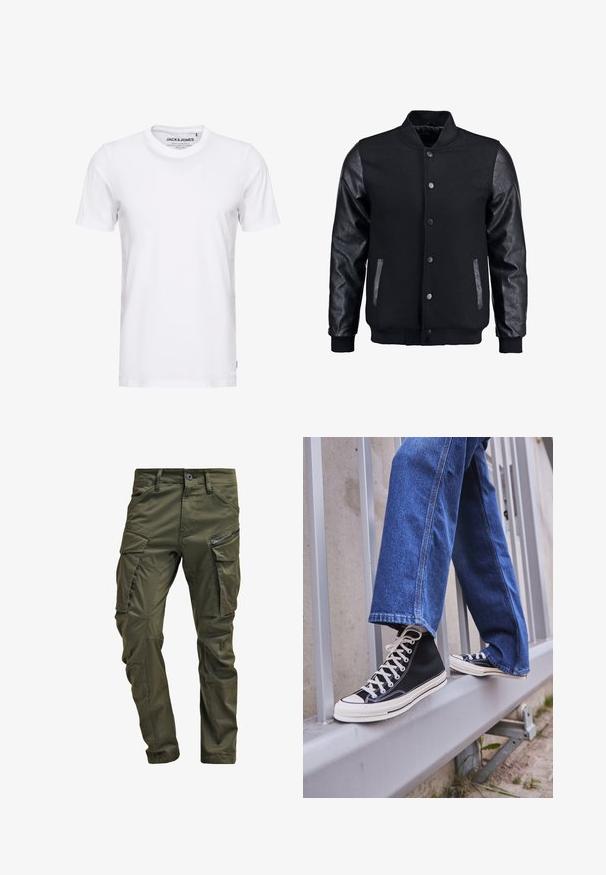 Black bomber jacket with wool body and leather sleeves. Features a standing collar, front snap buttons, and side pockets. Solid color with no patterns.; White short-sleeve t-shirt made of cotton, featuring a crew neck and a simple design. Brand tag visible on the neck area. No patterns or accents.; Olive green cargo pants made from sturdy cotton. Features multiple pockets, a zippered side pocket, and tapered legs with a slightly textured finish.; Black high-top sneakers with white sole and laces, paired with loose blue denim jeans, resting on a gray railing.