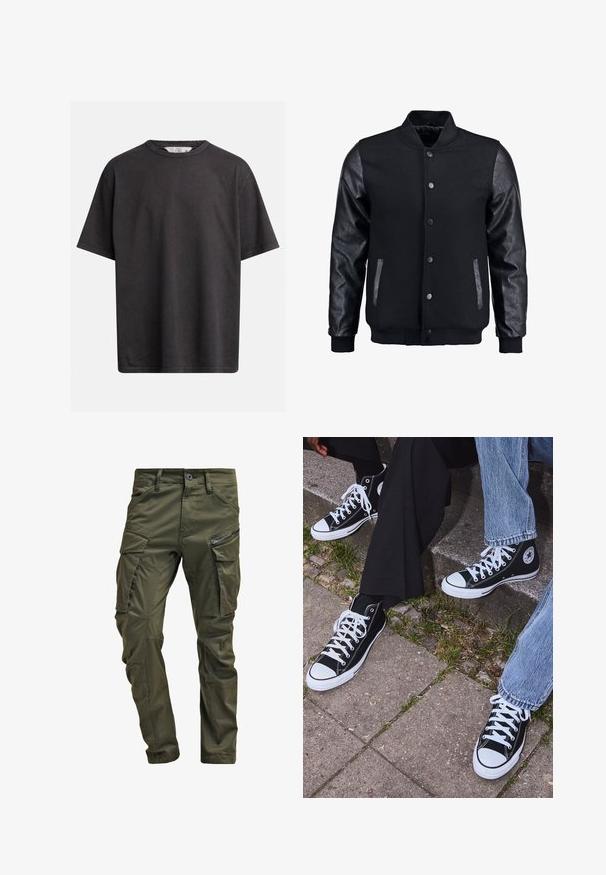 Juodas bomberio tipo švarkas su vilnoniu korpusu ir odinėmis rankovėmis. Savybės: stovintis apykaklė, priekiniai spaudiniai mygtukai ir šoniniai kišenės. Vienodos spalvos, be raštų.; Tamsiai pilka medvilnės marškinėliai su apvaliu iškirpimu, trumpomis rankovėmis ir laisvu siluetu. Yra subtilios siuvimo detalės.; Olive spalvos cargo kelnės, pagamintos iš tvirto medvilnės. Yra keletas kišenių, šonu užtraukiama kišenė ir siaurėjančios kojos su šiek tiek tekstūruotu paviršiumi.; Juoda aukšta avalynė iš kanvos su baltais guminiais padais ir raišteliais, su apvaliu logotipu šone, derinama su džinsais ir juodomis kelnėmis.