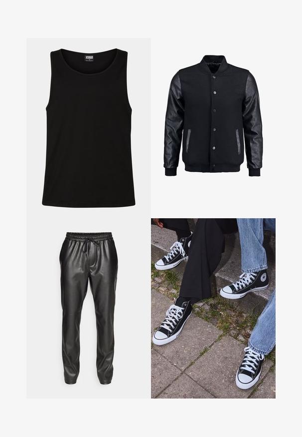 Musta pommittaja takki, jossa villakangasrunko ja nahkahihat. Varustettu pystykovalla, etupainonapeilla ja sivutaskuilla. Yksivärinen, ilman kuvioita.; Mustat hihattomat paidat, jotka on valmistettu pehmeästä puuvillakankaasta. Paita on pyöreäkauluksinen ja leveillä käsivarren aukkoilla, eikä siinä ole näkyviä kuvioita tai koristeita.; Mustat nahkajasat housut, joissa on joustava vyötärö ja säädettävä nyöri. Sujuva rakenne, kapeneva malli ja resorilla varustetut nilkat.; Mustat korkeat kangaslenkkarit, joissa on valkoiset kumipohjat ja nauhat, sivussa on pyöreä logo, ja ne on yhdistetty farkkuihin ja mustiin housuihin.