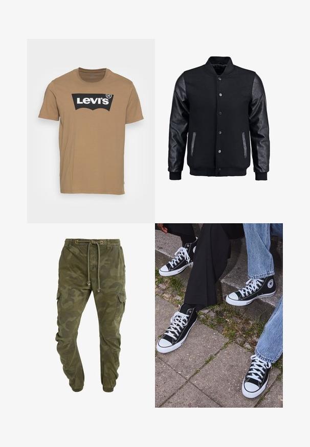 Zwarte bomberjack met een wollen lichaam en leren mouwen. Voorzien van een staande kraag, drukknopen aan de voorkant en zijkanten. Effen kleur zonder patronen.; Levi's® GRAPHIC CREWNECK TEE - T-shirt print - petrified oak; Groene cargobroek met camouflagemotief, voorzien van een trekkoord in de taille, elastische boorden en zijzakken. Gemaakt van duurzaam materiaal.; Zwarte canvas sneakers met hoge schacht, witte rubberen zolen en veters, met een cirkelvormig logo aan de zijkant, gecombineerd met denim en zwarte broeken.