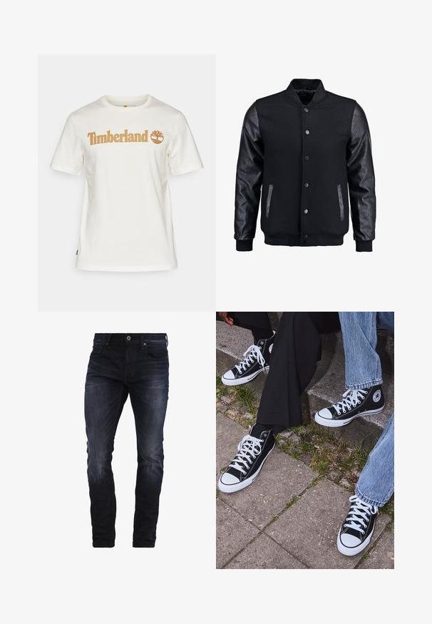 Černá bomber bunda s tělem z vlny a koženými rukávy. Má stojací límec, přední zacvakávací knoflíky a boční kapsy. Jednoduchá barva bez vzorů.; Bílý bavlněný tričko s krátkým rukávem a kulatým výstřihem. Na přední straně je logo "Timberland" v světle hnědé barvě spolu s grafikou stromu.; Tmavě modré slim-fit džíny s mírným vyblednutím na stehnech a kolenou, s předními kapsami, poutky na opasek a zapínáním na knoflík.; Černé kanvasové tenisky s vysokým střihem, bílé gumové podrážky a tkaničky, s kulatým logem na boku a spárované s džíny a černými kalhotami.