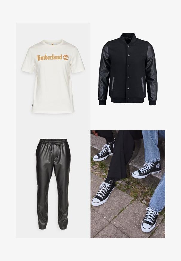 Musta pommittaja takki, jossa villakangasrunko ja nahkahihat. Varustettu pystykovalla, etupainonapeilla ja sivutaskuilla. Yksivärinen, ilman kuvioita.; Valkoinen puuvillapaita, jossa on lyhyet hihat ja pyöreä kaula-aukko. Sisältää "Timberland"-logon vaaleanruskealla värillä ja puugrafiikan.; Mustat nahkajasat housut, joissa on joustava vyötärö ja säädettävä nyöri. Sujuva rakenne, kapeneva malli ja resorilla varustetut nilkat.; Mustat korkeat kangaslenkkarit, joissa on valkoiset kumipohjat ja nauhat, sivussa on pyöreä logo, ja ne on yhdistetty farkkuihin ja mustiin housuihin.