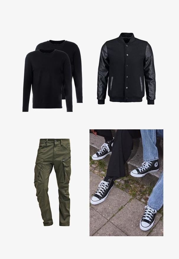Musta pommittaja takki, jossa villakangasrunko ja nahkahihat. Varustettu pystykovalla, etupainonapeilla ja sivutaskuilla. Yksivärinen, ilman kuvioita.; Mustat pitkähihaiset t-paidat, jotka on valmistettu pehmeästä puuvillasta. Pyöreä kaula-aukko, yksinkertainen muotoilu ja normaali istuvuus. Kaksi t-paitaa pakkauksessa.; Vihreät kangashousut, jotka on valmistettu kestävästä puuvillasta. Ominaisuuksiin kuuluvat useat taskut, vetoketjulla varustettu sivutasku sekä kapenevat lahkeet, joissa on hieman teksturoitu pinta.; Mustat korkeat kangaslenkkarit, joissa on valkoiset kumipohjat ja nauhat, sivussa on pyöreä logo, ja ne on yhdistetty farkkuihin ja mustiin housuihin.