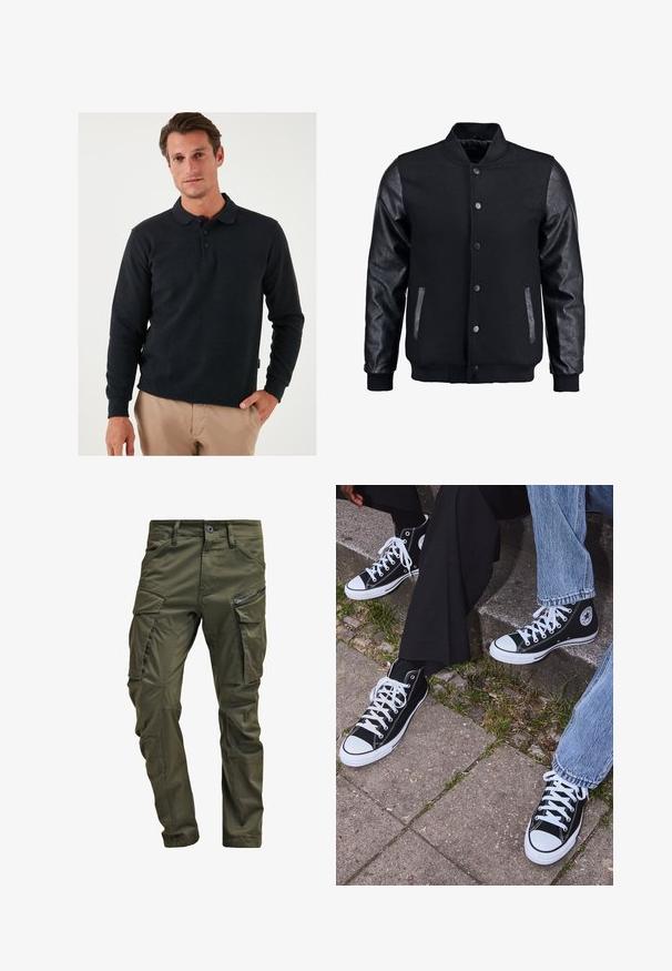 Fekete bomber dzseki gyapjú testtel és bőr ujjal. Jellemzője a felálló gallér, elöl gombos záródás, valamint oldalsó zsebek. Egyszínű, mintázat nélkül.; Sötétszürke, hosszú ujjú pólóing, galléros nyakkal, három gombos záródással és bordázott mandzsettával. Simogatott anyag, enyhe textúrával.; Olíva zöld cargo nadrág, erős pamutból készült. Több zsebbel, egy cipzáras oldalzsebbel és enyhén texturált felülettel ellátott, a szárai felé szűkülnek.; Fekete magas szárú vászon sportcipők fehér gumi talppal és fűzőkkel, az oldalukon kör alakú logóval, farmernadrággal és fekete nadrággal párosítva.