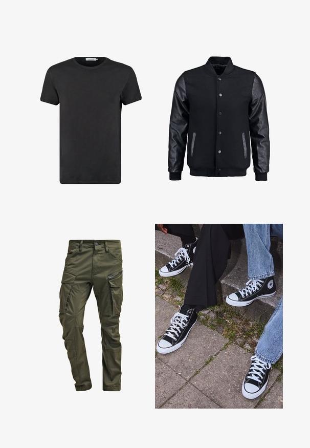 Sort bomberjakke med uldkrop og læderærmer. Har en stående krave, frontknapper og sidelommer. Ensfarvet uden mønstre.; Sort bomulds T-shirt med rund halsudskæring og korte ærmer. Stoffet har en glat tekstur og ingen mønstre eller detaljer. Normal pasform.; Olivenfarvede cargo-bukser lavet af slidstærk bomuld. Har flere lommer, en lynlåslomme på siden og tapered ben med en let tekstureret overflade.; Sorte høje canvas sneakers med hvide gummisåler og snørebånd, prydet med et cirkulært logo på siden og parret med denim og sorte bukser.