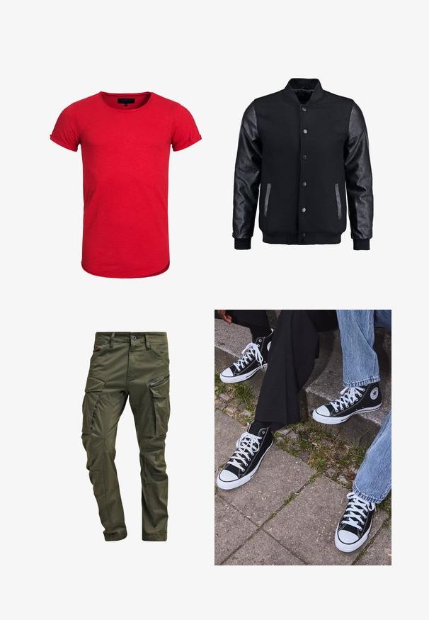 Giubbotto bomber nero con corpo in lana e maniche in pelle. Presenta un colletto alto, bottoni a pressione frontali e tasche laterali. Monocromatico, senza motivi.; T-shirt in cotone rosso con scollatura rotonda, maniche corte arrotolate e orlo leggermente curvato. Il tessuto ha una texture sottile ed è aderente.; Pantaloni cargo verde oliva realizzati in cotone robusto. Presentano numerose tasche, una tasca laterale con zip e gambe affusolate con una finitura leggermente strutturata.; Sneakers alti neri in tela con suole e lacci bianchi, dotati di un logo circolare di lato e abbinati a pantaloni in denim e neri.