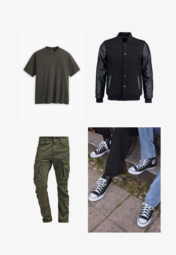 Juodas bomberio tipo švarkas su vilnoniu korpusu ir odinėmis rankovėmis. Savybės: stovintis apykaklė, priekiniai spaudiniai mygtukai ir šoniniai kišenės. Vienodos spalvos, be raštų.; Levi's® RED TAB™ VINTAGE TEE - Paprasti marškinėliai - pirate black; Olive spalvos cargo kelnės, pagamintos iš tvirto medvilnės. Yra keletas kišenių, šonu užtraukiama kišenė ir siaurėjančios kojos su šiek tiek tekstūruotu paviršiumi.; Juoda aukšta avalynė iš kanvos su baltais guminiais padais ir raišteliais, su apvaliu logotipu šone, derinama su džinsais ir juodomis kelnėmis.