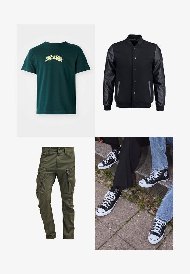 Musta pommittaja takki, jossa villakangasrunko ja nahkahihat. Varustettu pystykovalla, etupainonapeilla ja sivutaskuilla. Yksivärinen, ilman kuvioita.; Tummanvihreä puuvillapaita, jossa on pyöreä kaula-aukko ja lyhyet hihat. Rinnassa on keltainen graafinen kuvio. Silkkinen pinta.; Vihreät kangashousut, jotka on valmistettu kestävästä puuvillasta. Ominaisuuksiin kuuluvat useat taskut, vetoketjulla varustettu sivutasku sekä kapenevat lahkeet, joissa on hieman teksturoitu pinta.; Mustat korkeat kangaslenkkarit, joissa on valkoiset kumipohjat ja nauhat, sivussa on pyöreä logo, ja ne on yhdistetty farkkuihin ja mustiin housuihin.