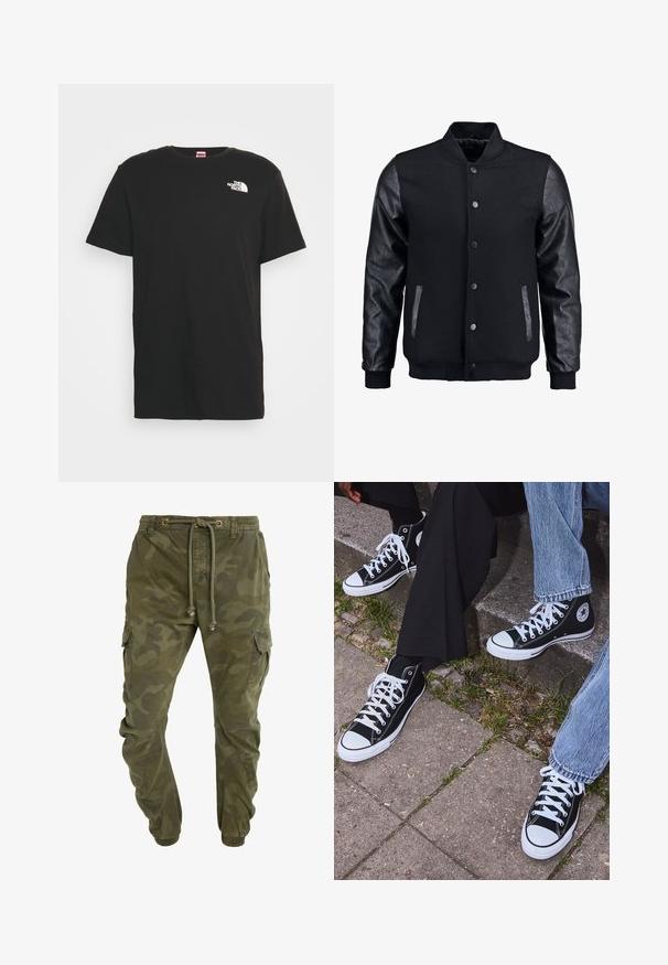 Mustmust on musta jope, millel on villane keha ja nahkvarrukad. Omab seisvat kraed, esisiidme nööpe ja küljetaskuid. Ühtlane värv, ilma mustriteta.; The North Face REDBOX TEE - Trükipildiga T-särk - black; Roheline kamokiri musteriga cargo püksid, millel on kummist vöökoht, elastsed kraed ja küljetaskud. Valmistatud vastupidavast kangast.; Mustad musta värvi kõrged kanvasist tossud valgete kummitaldade ja nööridega, külgedel ringikujuline logo ning kombineeritud denimist ja mustade pükstega.