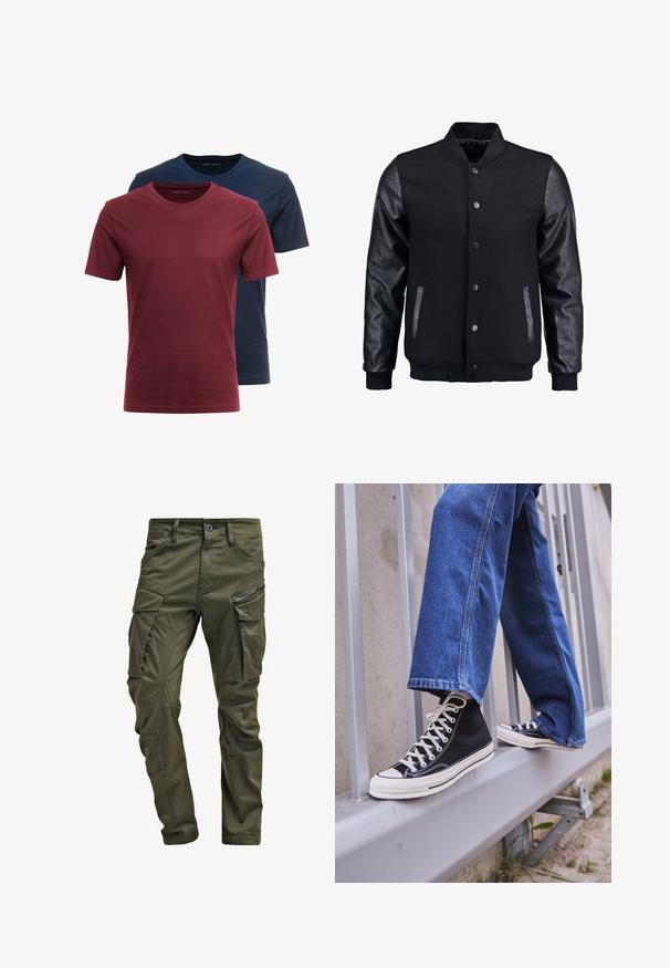 Zwarte bomberjack met een wollen lichaam en leren mouwen. Voorzien van een staande kraag, drukknopen aan de voorkant en zijkanten. Effen kleur zonder patronen.; Twee crew-neck t-shirts gestapeld; één maroon en één donker marineblauw. Gemaakt van katoen, met korte mouwen en een gladde textuur.; Olijfgroene cargobroek gemaakt van stevig katoen. Beschikt over meerdere zakken, een met rits afgesloten zijzak en taps toelopende pijpen met een licht getextureerde afwerking.; Zwarte hoge sneakers met witte zool en veters, gecombineerd met losse blauwe denim jeans, rustend op een grijze leuning.