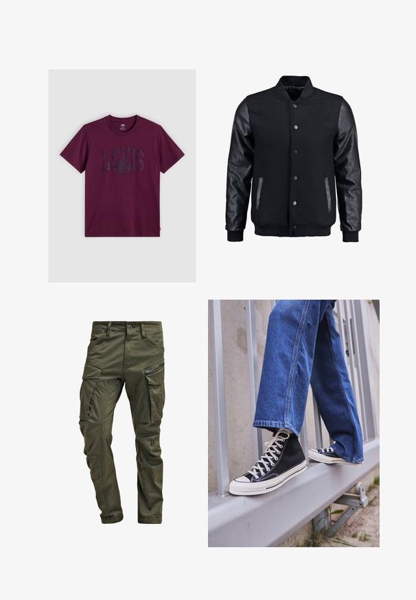 Mustmust on musta jope, millel on villane keha ja nahkvarrukad. Omab seisvat kraed, esisiidme nööpe ja küljetaskuid. Ühtlane värv, ilma mustriteta.; Burgundi T-särk, mis on valmistatud puuvillast ja millele on rinnal kujutatud suurt, reljeefset LEVI'S logo. Klassikaline ümmargune kaelus ja lühikesed varrukad.; Olive rohelised cargo püksid, mis on valmistatud vastupidavast puuvillast. Omavad mitmeid taskuid, ühe lukuga küljetasku ja kergelt tekstureeritud kitsenevaid jalgu.; Mustad mustade kõrgete tossudega, millel on valge tallaga ja valged paelad, koos vaba sinise denimidega, mis puhkavad hallil piiridel.