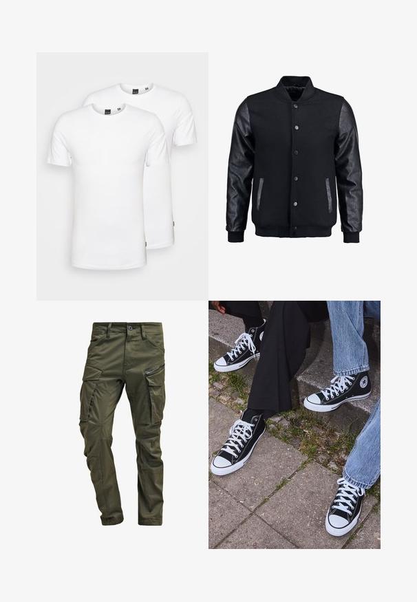Črna bomberska jakna z volnenim telesom in usnjenimi rokavi. Ima stoječ ovratnik, sprednje snemljive gumbe in stranske žepke. Enobarvna, brez vzorcev.; Beli bombažni T-majici v kompletu dveh, z okroglim izrezom in kratkimi rokavi, z gladko teksturo in brez vidnih vzorcev ali grafik.; Olivno zelene cargo hlače iz trdnega bombaža. Imajo več žepov, zip žep na strani in zožene noge z rahlo teksturirano površino.; Črne visoke platnene teniske z belimi gumijastimi podplati in vezalkami, z ovalnim logotipom na strani, v kombinaciji z džinsom in črnimi hlačami.