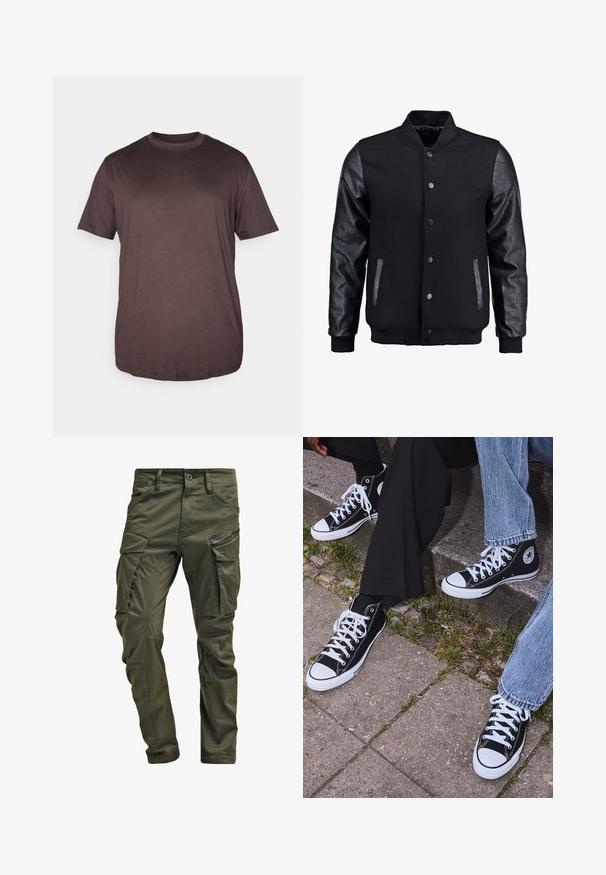Giubbotto bomber nero con corpo in lana e maniche in pelle. Presenta un colletto alto, bottoni a pressione frontali e tasche laterali. Monocromatico, senza motivi.; Jack & Jones JJEBRADLEY NOOS - T-shirt basic - mulch; Pantaloni cargo verde oliva realizzati in cotone robusto. Presentano numerose tasche, una tasca laterale con zip e gambe affusolate con una finitura leggermente strutturata.; Sneakers alti neri in tela con suole e lacci bianchi, dotati di un logo circolare di lato e abbinati a pantaloni in denim e neri.