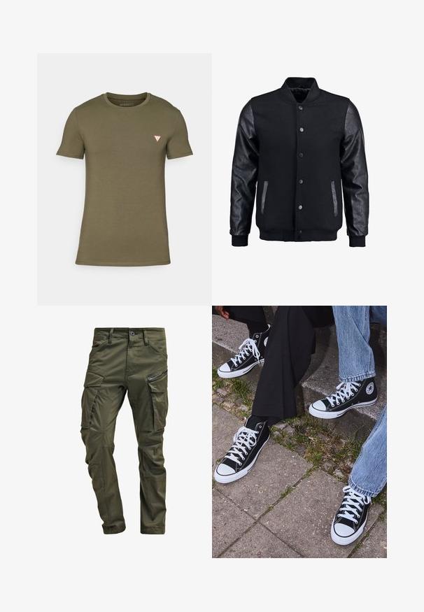 Musta pommittaja takki, jossa villakangasrunko ja nahkahihat. Varustettu pystykovalla, etupainonapeilla ja sivutaskuilla. Yksivärinen, ilman kuvioita.; Lyhythihainen oliivinvihreä T-paita, joka on valmistettu puuvillasta. Siinä on pyöreä kaula-aukko ja pieni punainen kolmiologo vasemmassa rinnassa. Pintakuvio on sileä.; Vihreät kangashousut, jotka on valmistettu kestävästä puuvillasta. Ominaisuuksiin kuuluvat useat taskut, vetoketjulla varustettu sivutasku sekä kapenevat lahkeet, joissa on hieman teksturoitu pinta.; Mustat korkeat kangaslenkkarit, joissa on valkoiset kumipohjat ja nauhat, sivussa on pyöreä logo, ja ne on yhdistetty farkkuihin ja mustiin housuihin.
