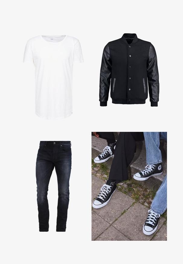Schwarze Bomberjacke mit Wollkörper und Lederärmeln. Verfügt über einen Stehkragen, vordere Druckknöpfe und Seitentaschen. Einfarbig ohne Muster.; Weißes T-Shirt mit kurzen Ärmeln aus weichem Baumwollstoff. Mit Rundhalsausschnitt und lockerer Passform, ergänzt durch ein dezentes Markenlabel am Saum.; Dunkelblaue Slim-Fit-Jeans mit leichten Ausbleichungen an Oberschenkeln und Knien, ausgestattet mit Vordertaschen, Gürtelschlaufen und einem Knopfverschluss.; Schwarzecanvas-Sneaker mit hohem Schaft, weißen Gummisohlen und Schnürsenkeln, die ein rundes Logo an der Seite besitzen und mit Denim- sowie schwarzen Hosen kombiniert sind.