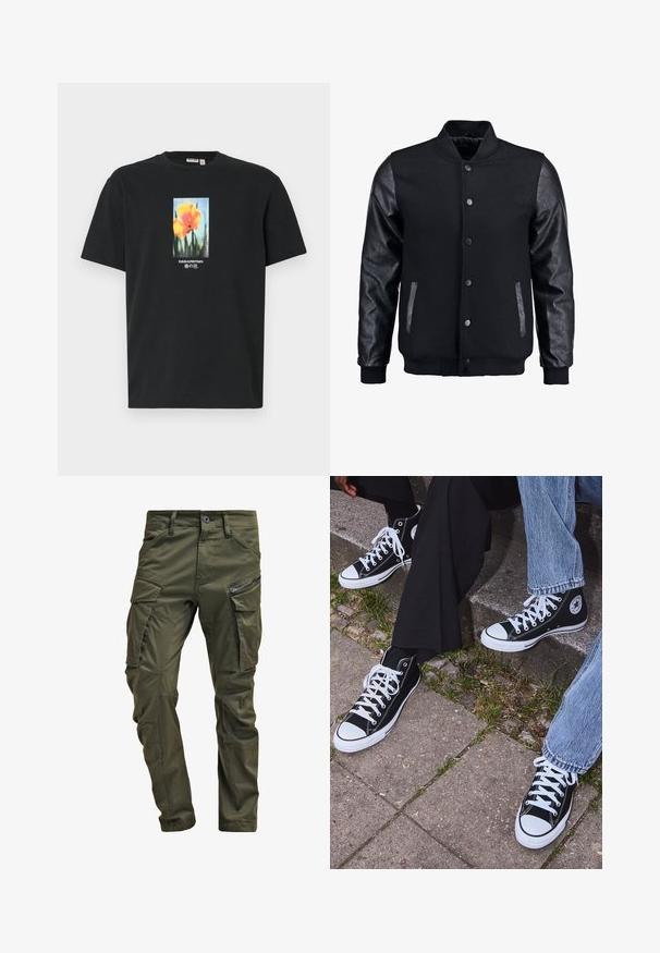 Črna bomberska jakna z volnenim telesom in usnjenimi rokavi. Ima stoječ ovratnik, sprednje snemljive gumbe in stranske žepke. Enobarvna, brez vzorcev.; Črna bombažna majica s centralesnim cvetličnim motivom pomarančnih cvetov z zelenimi stebli, okrašena z besedilom v beli in modri barvi.; Olivno zelene cargo hlače iz trdnega bombaža. Imajo več žepov, zip žep na strani in zožene noge z rahlo teksturirano površino.; Črne visoke platnene teniske z belimi gumijastimi podplati in vezalkami, z ovalnim logotipom na strani, v kombinaciji z džinsom in črnimi hlačami.